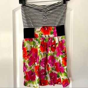 Super fun multi print strapless mini dress